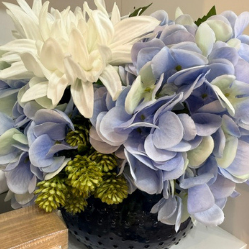 Blue Hydrangea + White Dahlia Real Touch Arrangement